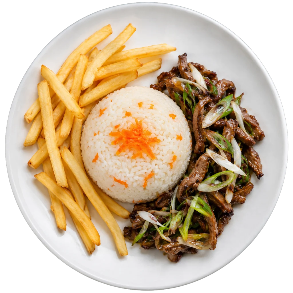Carne salteada con arroz y papas fritas