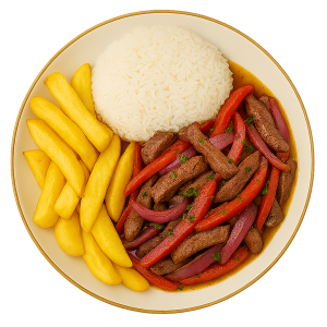 Carne salteada con arroz y papas fritas