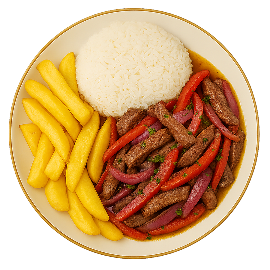 Carne salteada con arroz y papas fritas