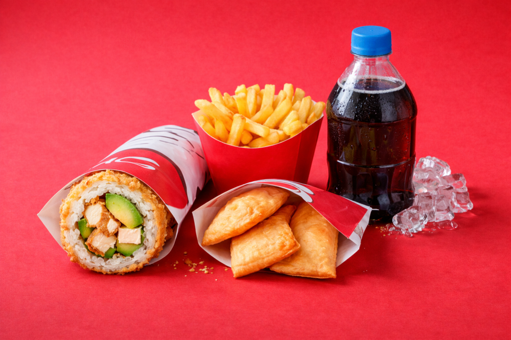 Combo Crunch Roll · Handroll + empanaditas + bebida