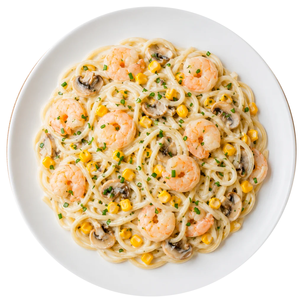Pasta con salsa blanca y camarones saltados