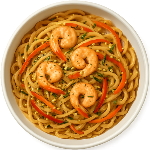 Pasta Oriental con camarónes