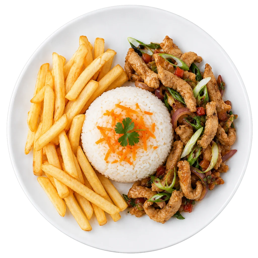 Pollo Salteado Con Arroz Y Papas Fritas