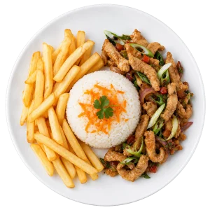 Pollo Salteado Con Arroz Y Papas Fritas