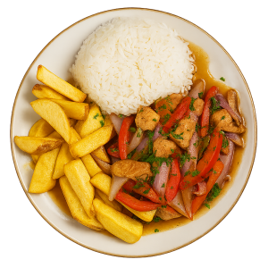 Pollo Salteado Con Arroz Y Papas Fritas